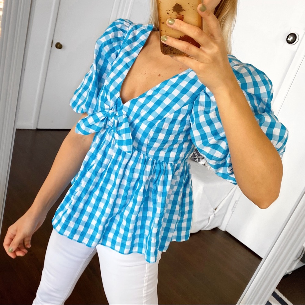 🐬 LILLY PULITZER SARAFINA TURQUOISE OASIS CRINKLE GINGHAM SHORT SLEEVE TOP! - Picture 3 of 15